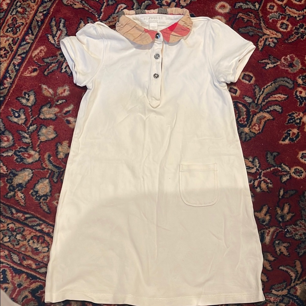 Burberry White and Tan Casual Dress with Puff Sleeves and Peter Pan Collar